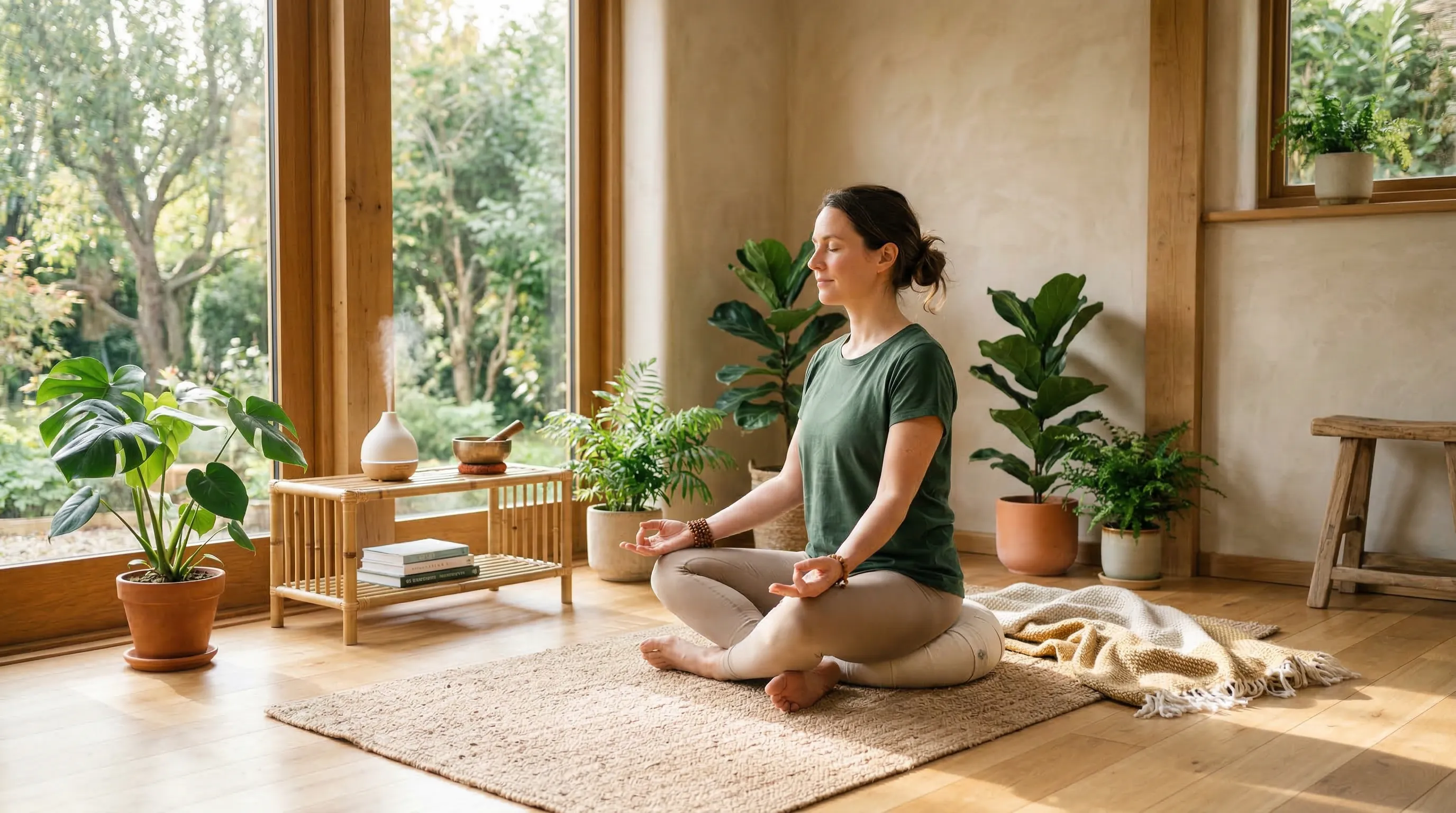 Woman meditating peacefully in sunlit room surrounded by plants