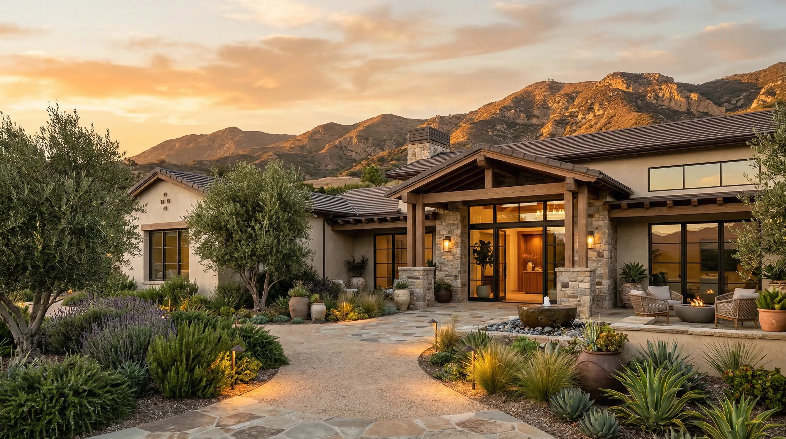 OM Fitness Center exterior at golden hour with mountain backdrop in Calabasas
