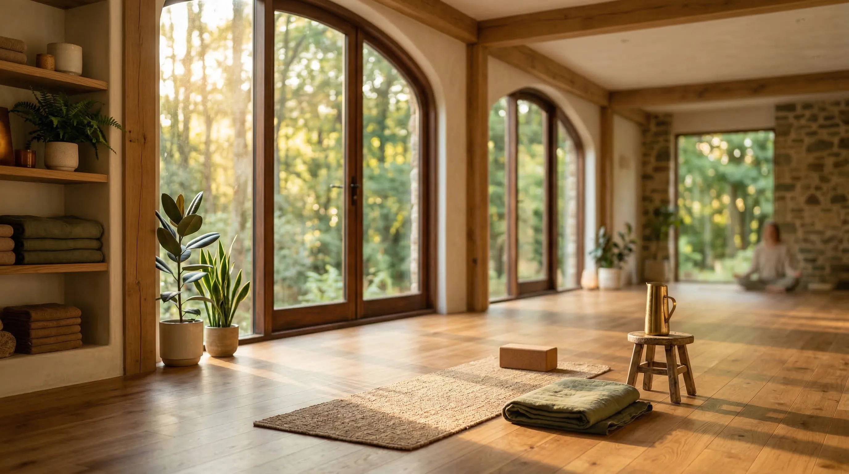 Warm sunlit wellness space with natural wood floors and arched windows overlooking greenery