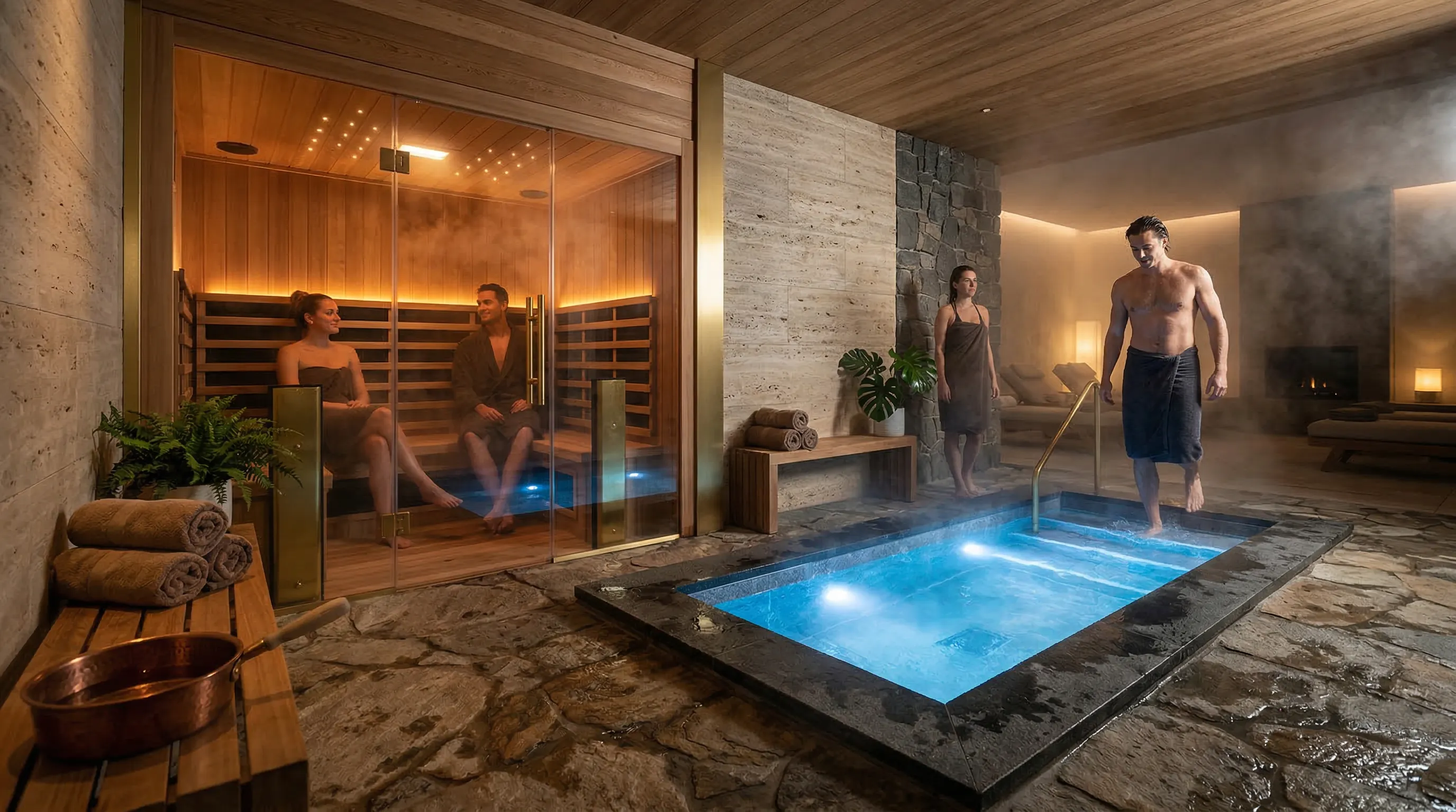 Infrared sauna and cold plunge recovery suite with warm ambient lighting